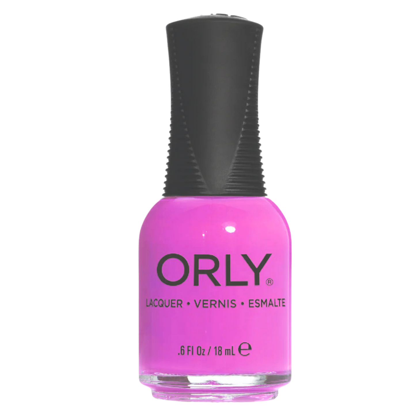 Orly nail polish bottle with pink polish and black cap on a white background