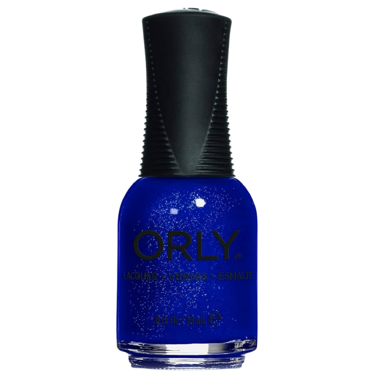 Orly blue nail polish bottle with black cap on a white background