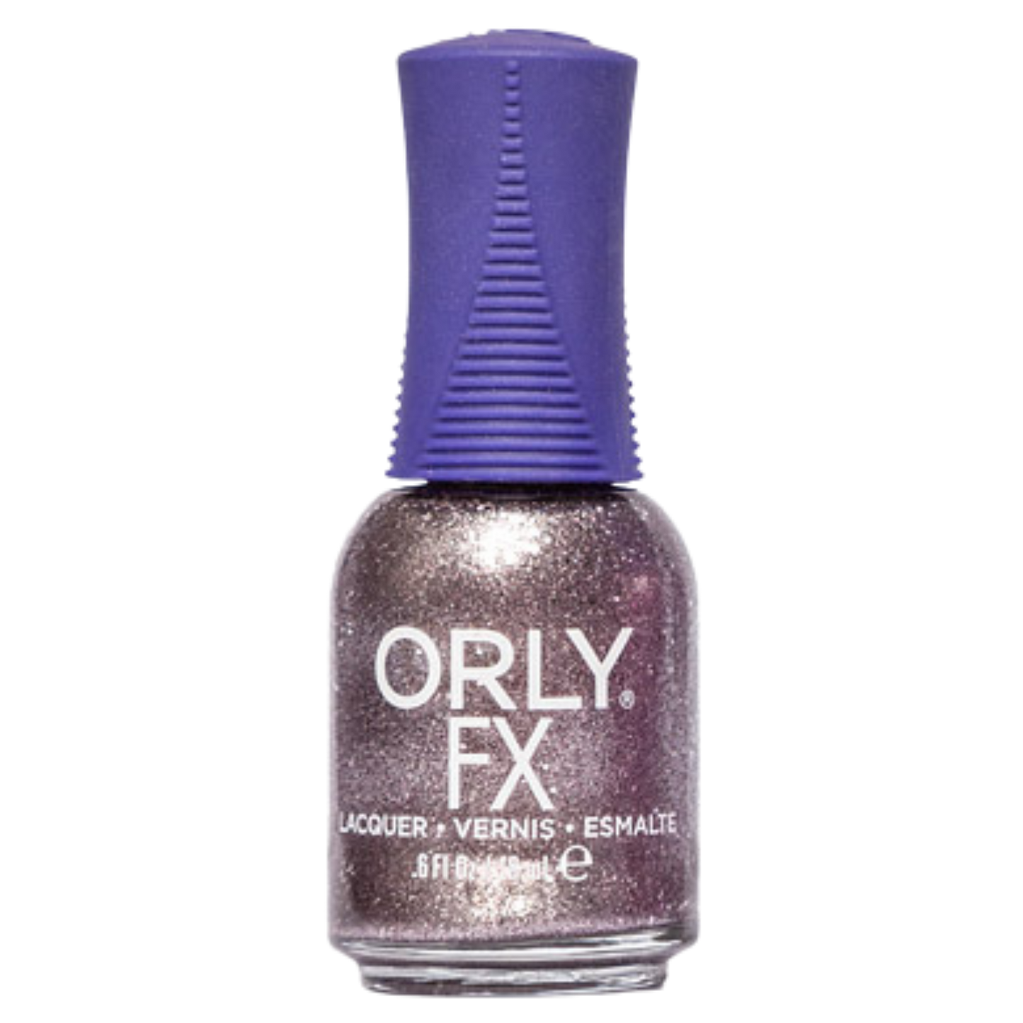 light purple glitter nail polish with purple cap on a white background