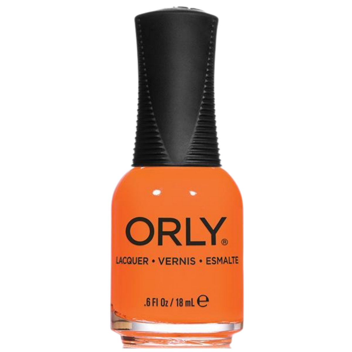 Orange nail polish bottle with black cap on a white background, featuring the Orly brand.