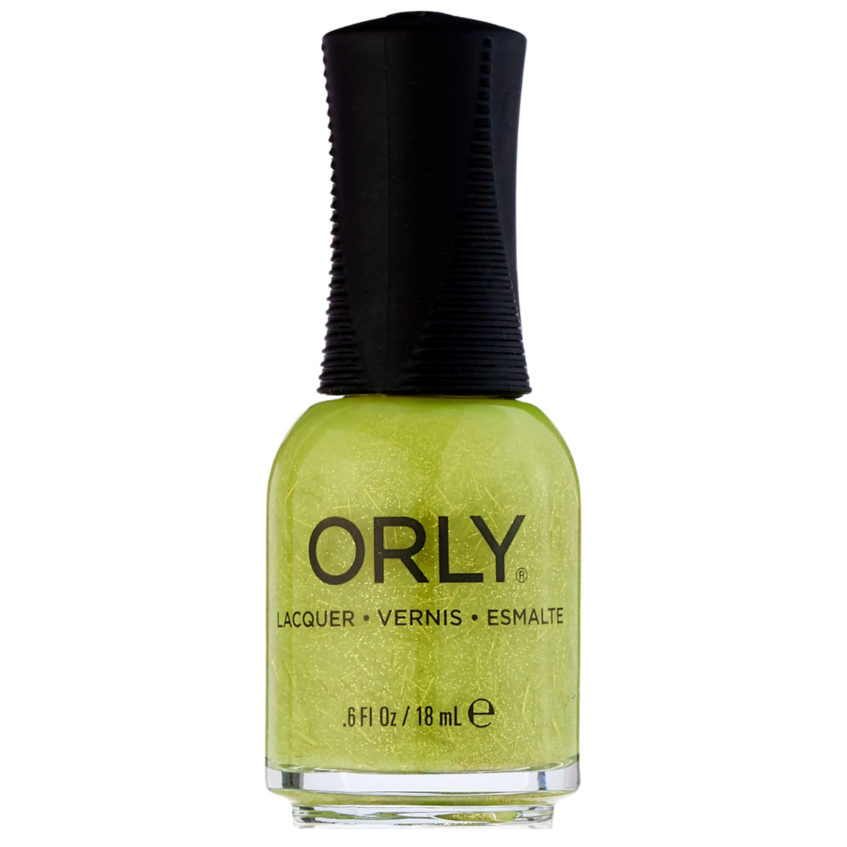 Orly nail polish bottle with green polish and black cap on a white background
