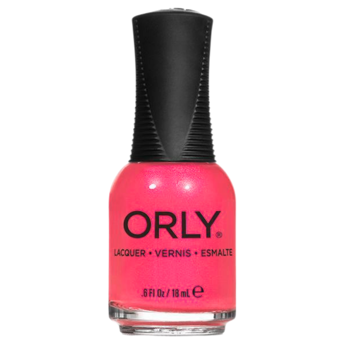pink nail polish with black cap on a white background