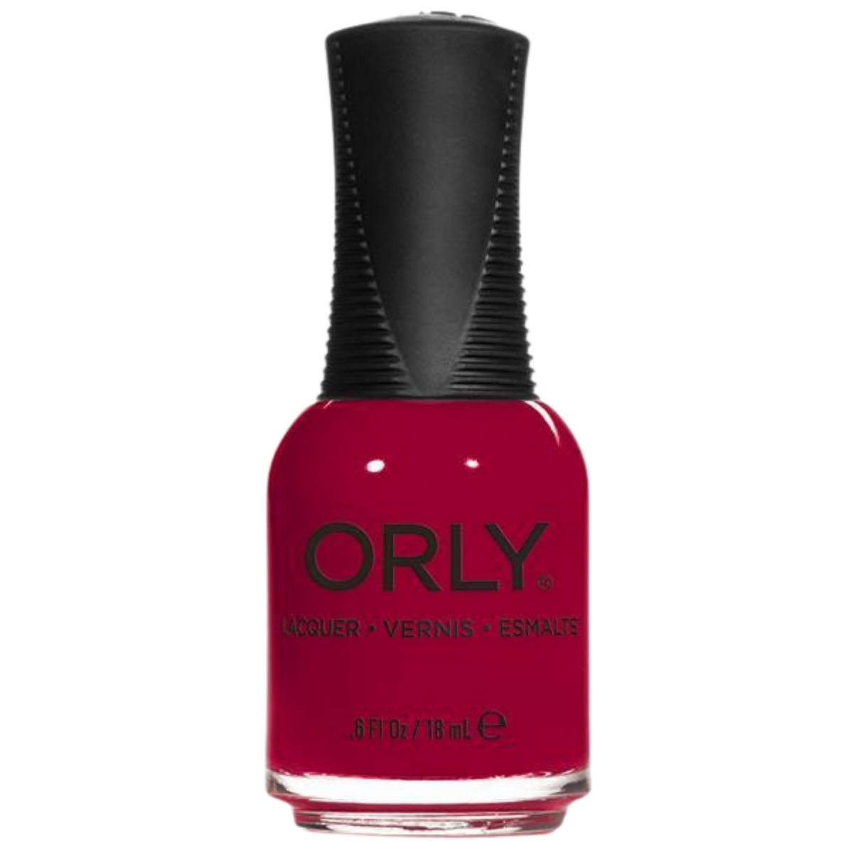 Orly nail polish bottle with red polish and black cap on a white background