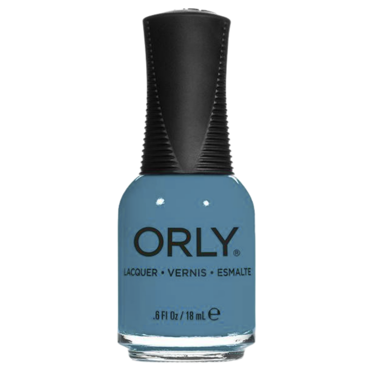 Orly nail polish bottle with blue polish and black cap on a white background