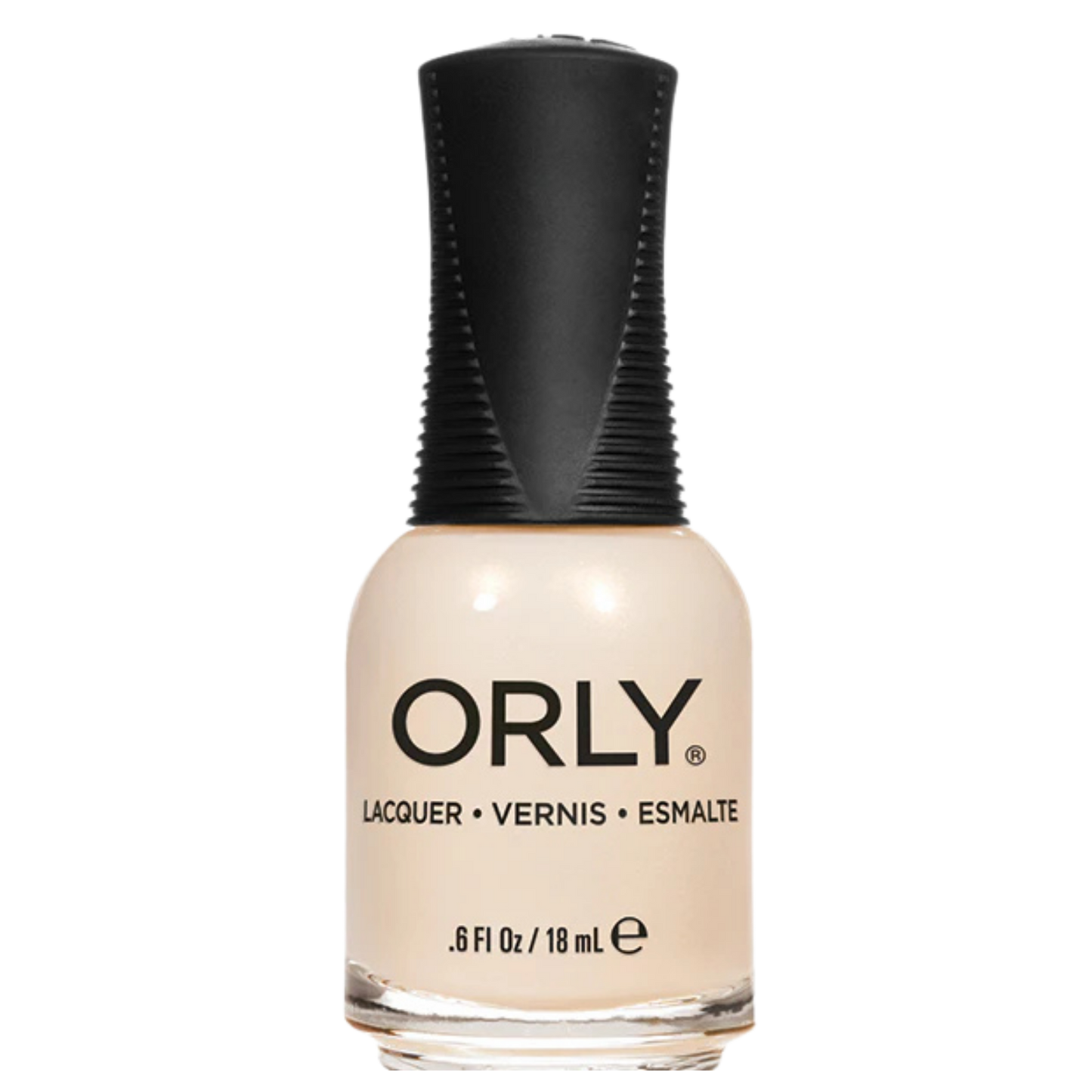 white pearlescent nail polish with black cap on a white background
