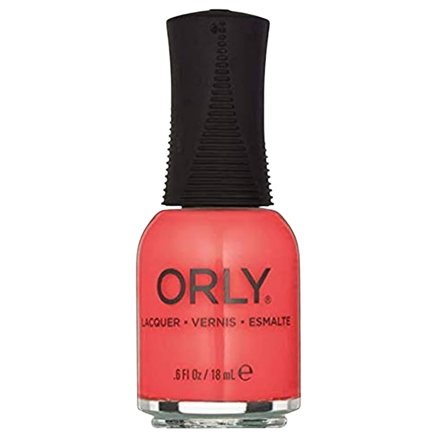 Orly nail polish bottle with coral color on a white background