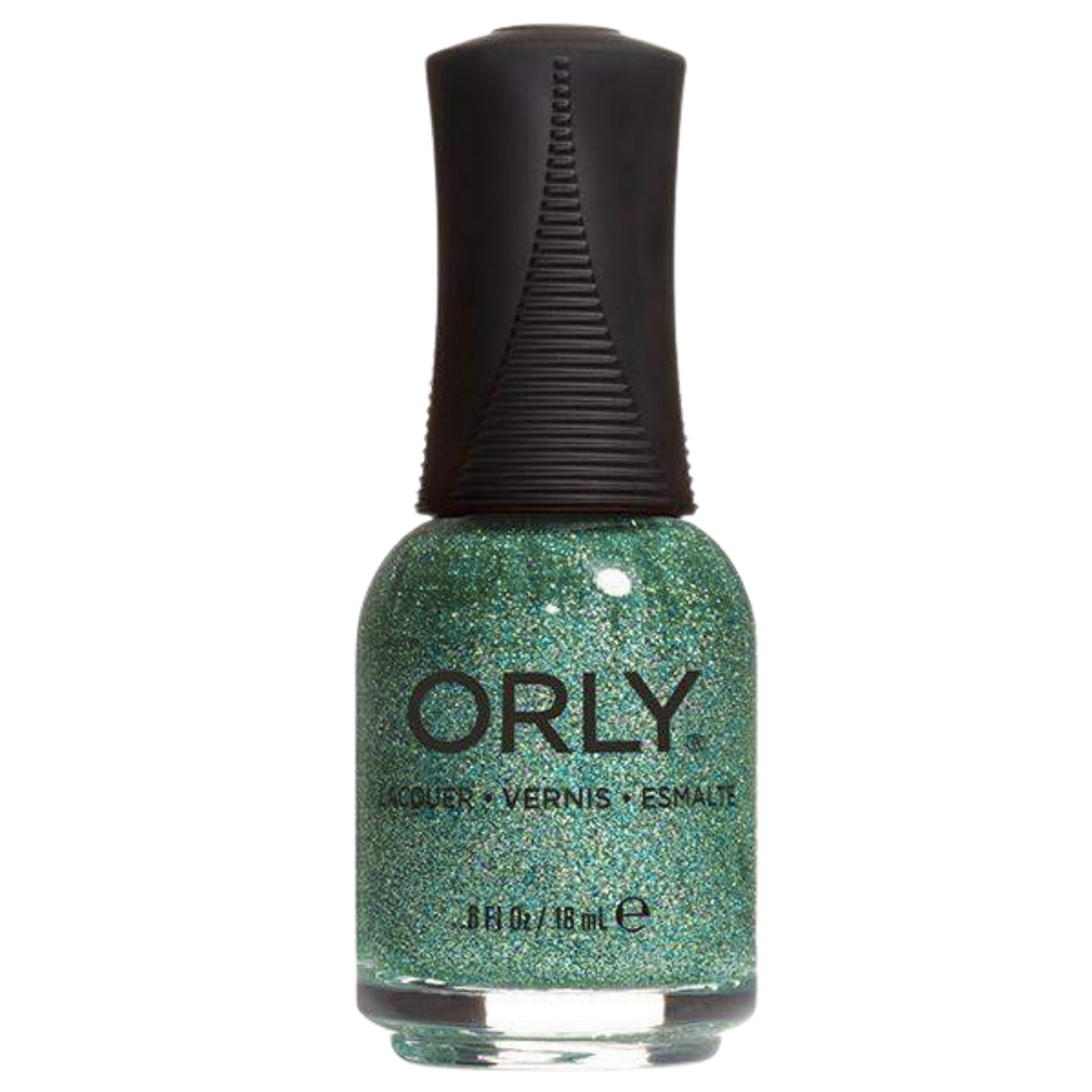 green glitter nail polish bottle with black cap over white background
