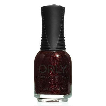 Orly nail polish bottle with a dark red glittery color on a white background