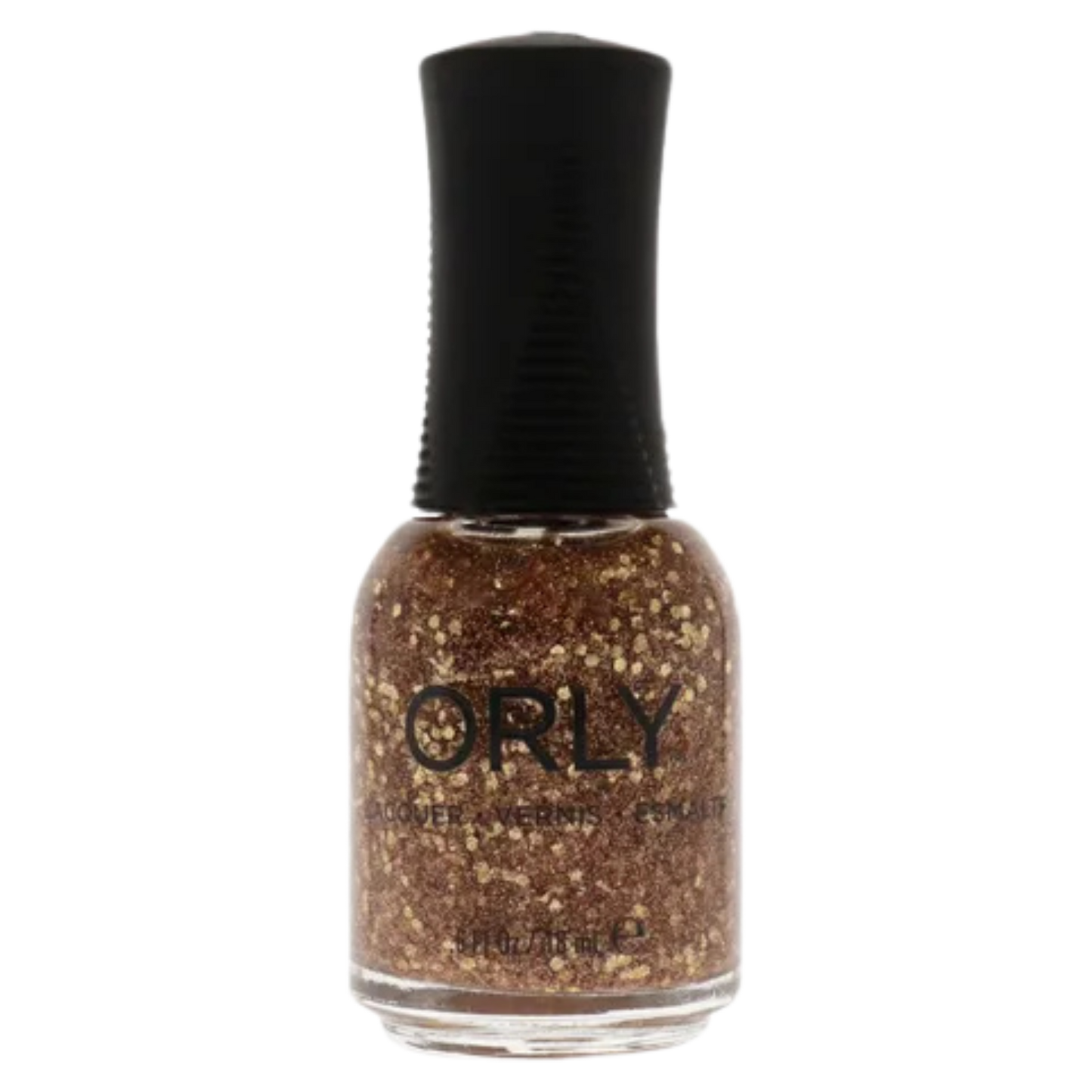 Orly nail polish bottle with glittery gold color on a white background