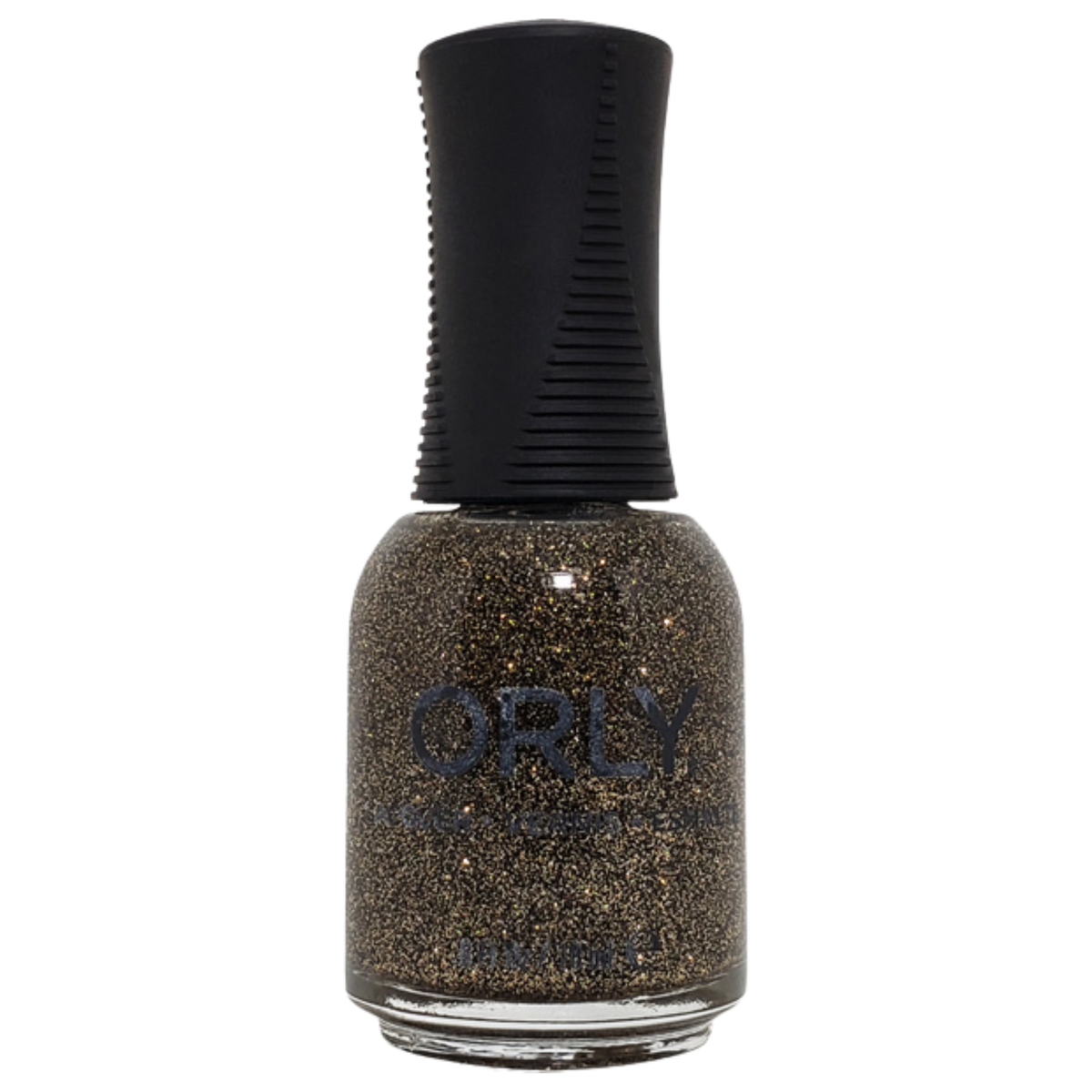 Orly nail polish bottle with glittery black and gold color on a white background