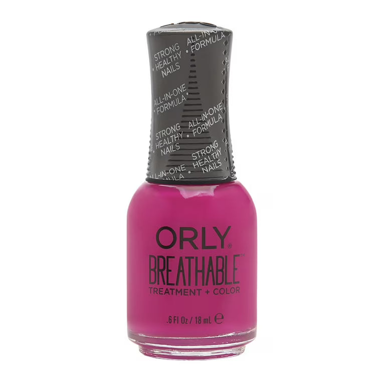 pink nail polish with a black cap on a white background