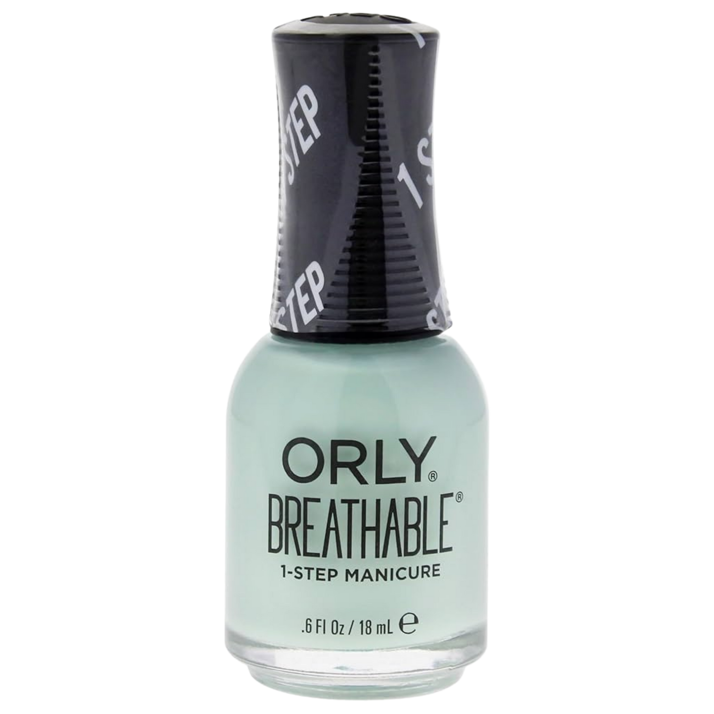 mint green nail polish bottle with black cap on white background