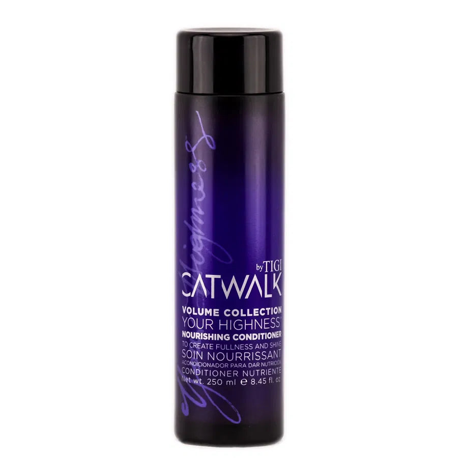 Purple bottle of TIGI Catwalk Volume Collection Your Highness Nourishing Conditioner on a white background