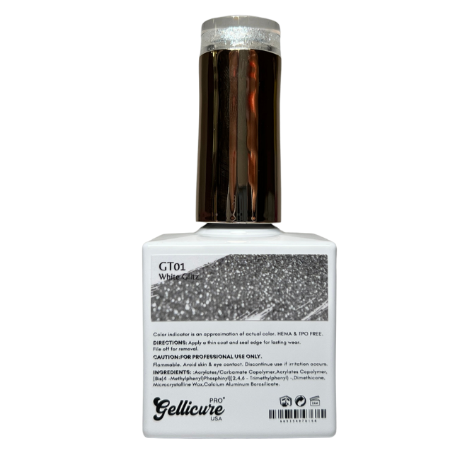 GELLICURE PRO★ No Wipe Glitter Top Coat HEMA & TPO FREE 0.5oz - White Glitz #GT01