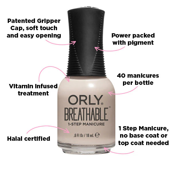 Orly Breathable nail polish bottle with features highlighted on a white background