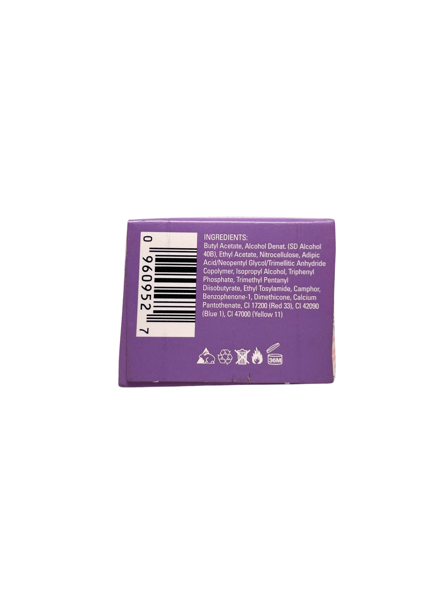 ingredient list and bar code on a purple box on a white background