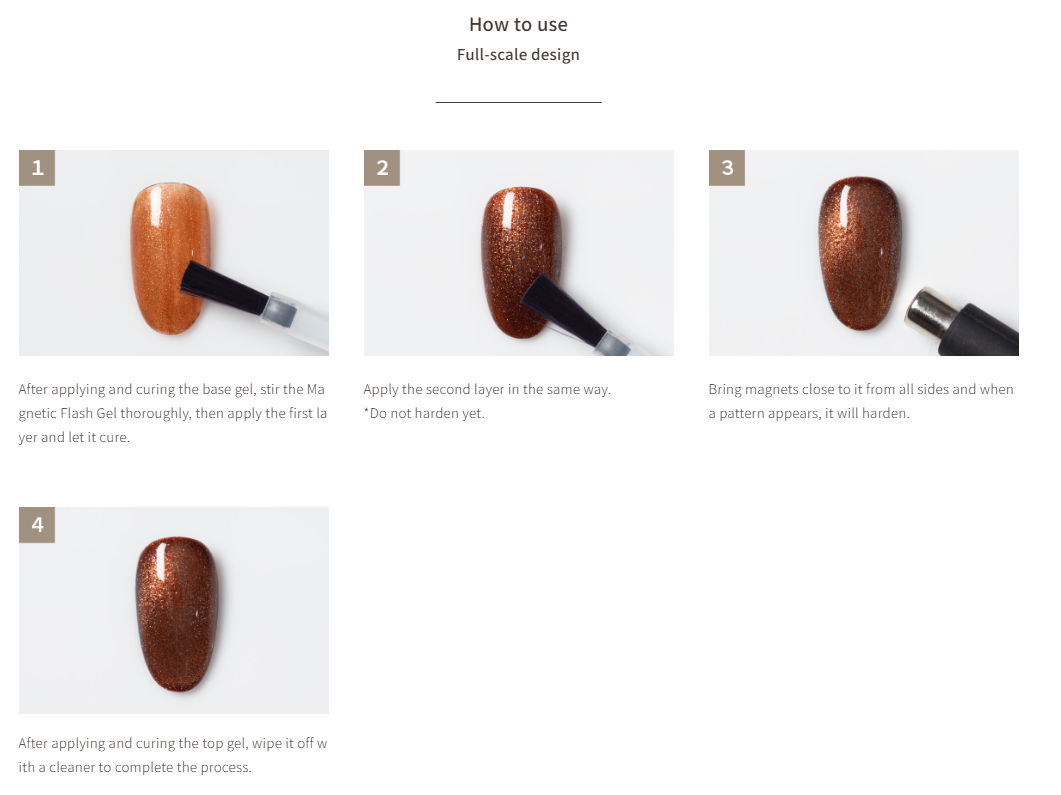 Step-by-step guide on how to use a magnetic flash gel with text instructions.