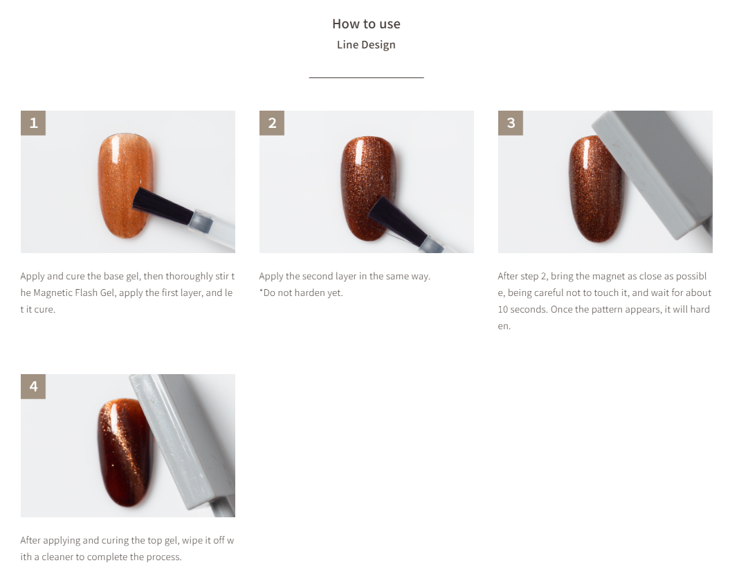 Step-by-step guide on applying a magnetic nail design with text instructions.