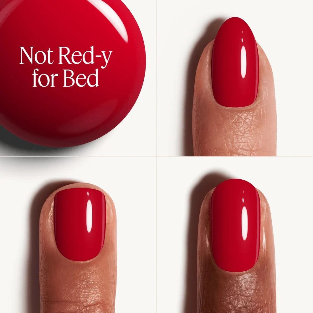 Red nail polish with 'Not Red-y for Bed' text on a white background
