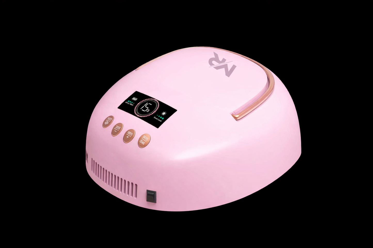 Pink nail dryer with digital display on a black background