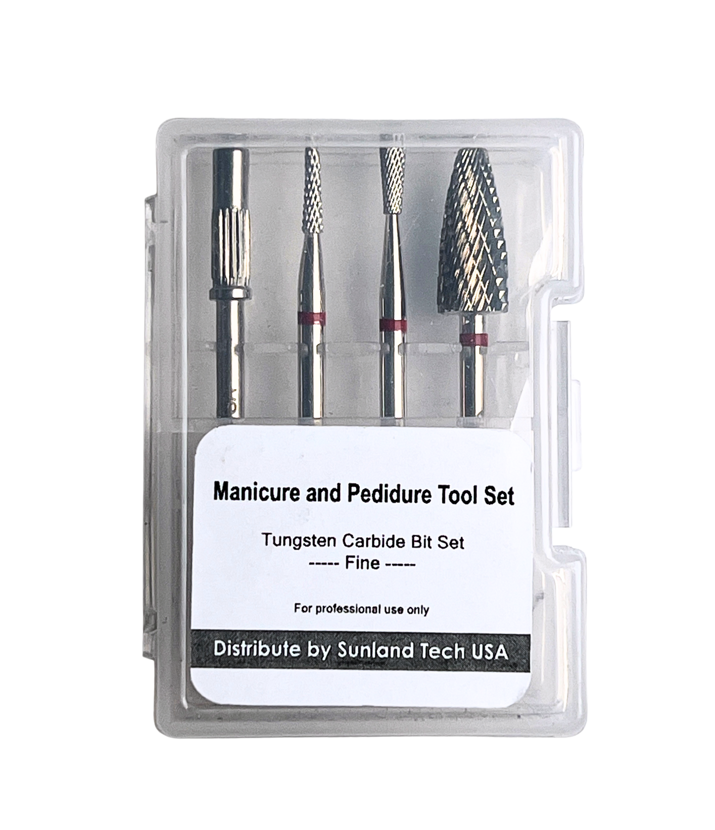 Manicure and pedicure tool set with tungsten carbide bits in a clear case on a white background.