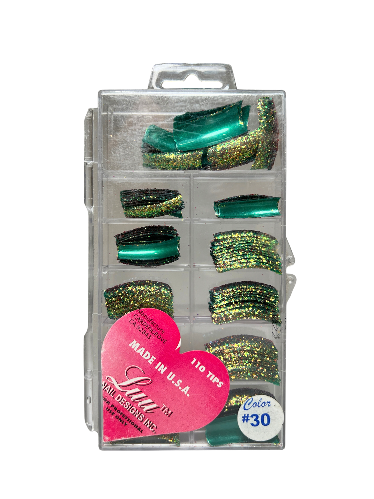 Luu Nail Designs Glitter Tips 110pc - Green Tips/Gold Glitter