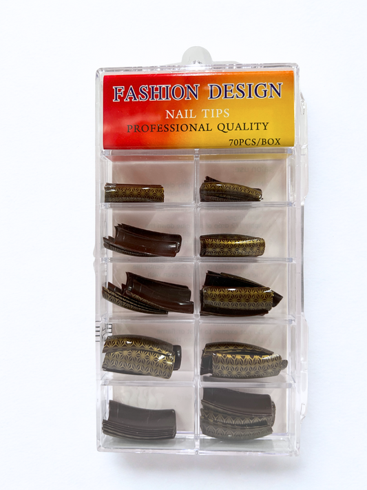 Fashion Design Nail Tips 70pc - Brown Gold Pattern
