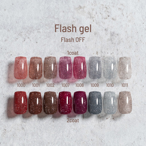 Nail polish color swatches labeled with 'Flash gel' and 'Flash OFF' on a textured background.