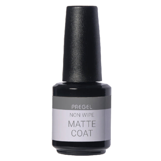 Nail polish bottle labeled 'Pregel Non Wipe Matte Coat' on a white background