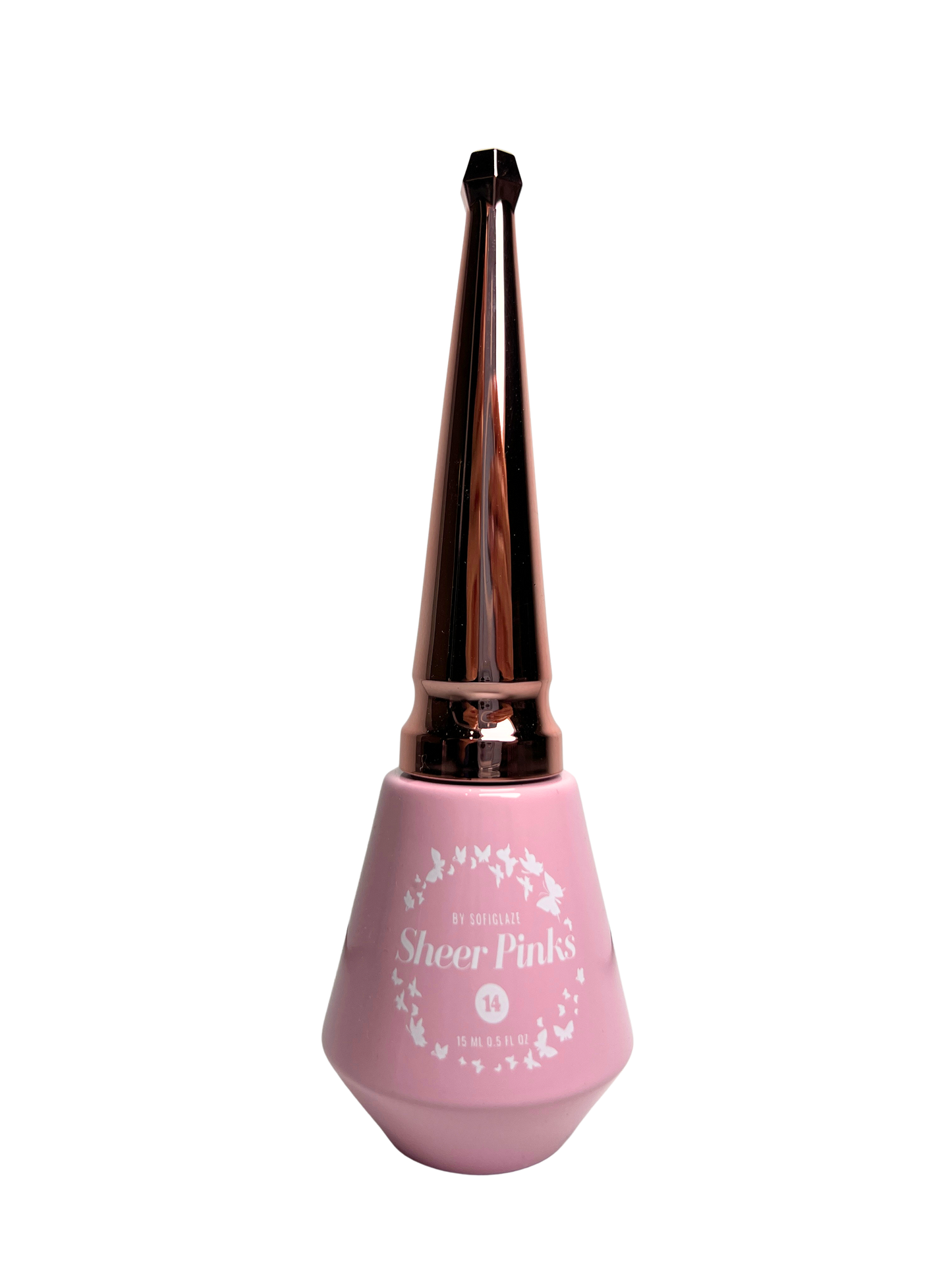 pink bottle with point rose gold cap on a white background