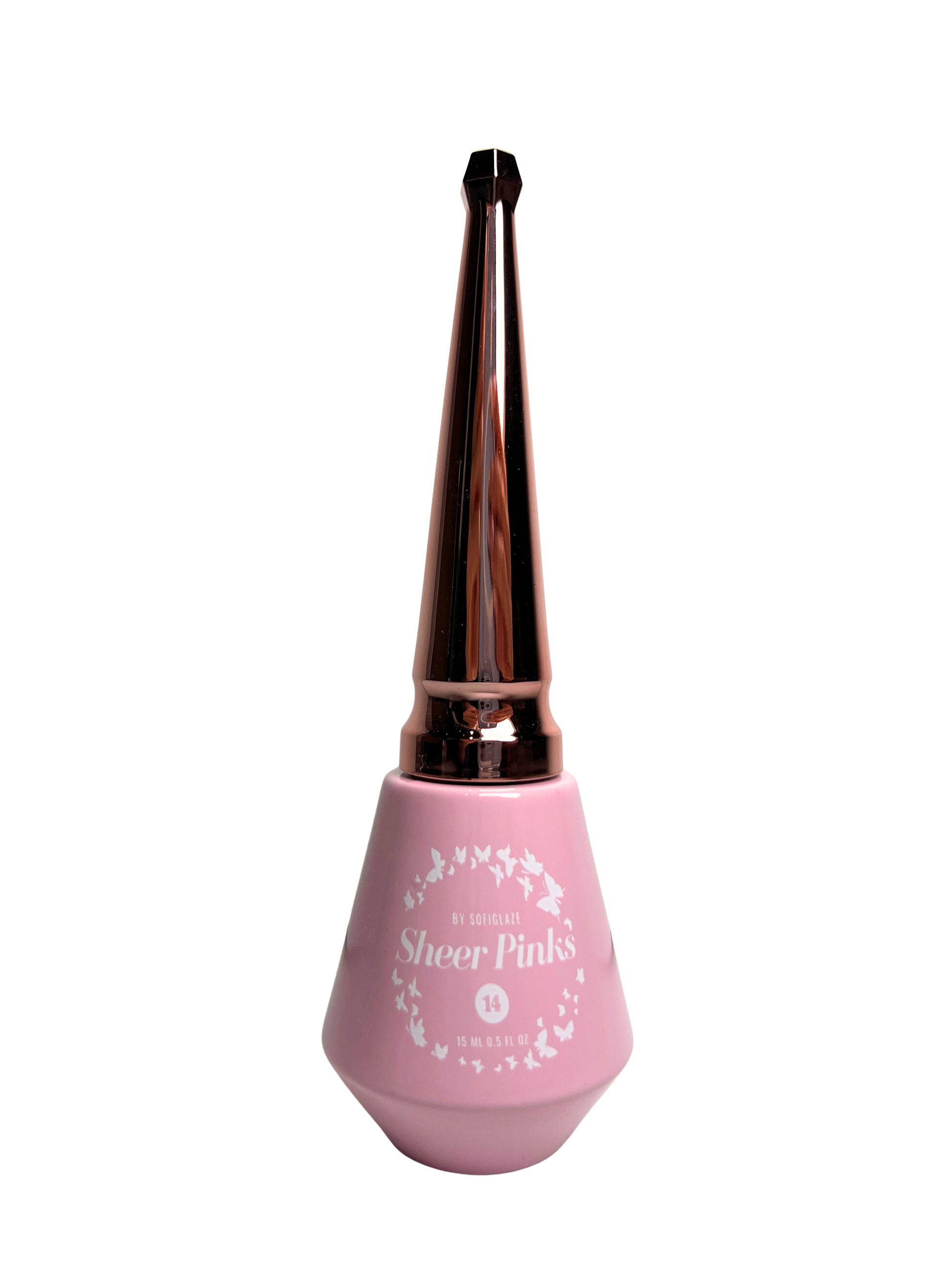 pink bottle with point rose gold cap on a white background