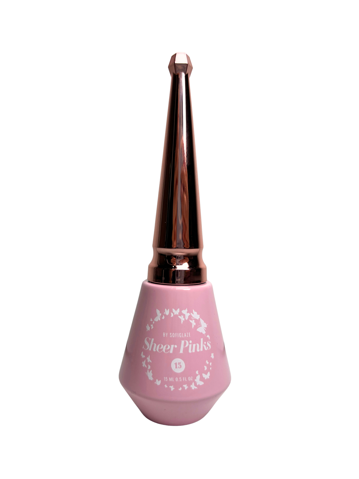 pink bottle with butterfly design on the front with pointy gold cap on a  white background