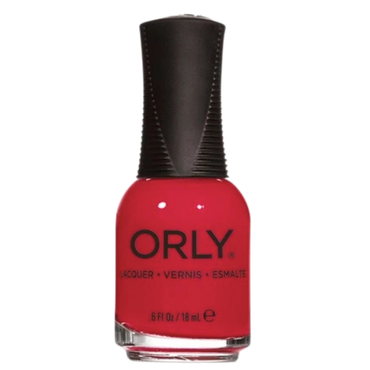Orly nail polish bottle with red polish and black cap on a white background