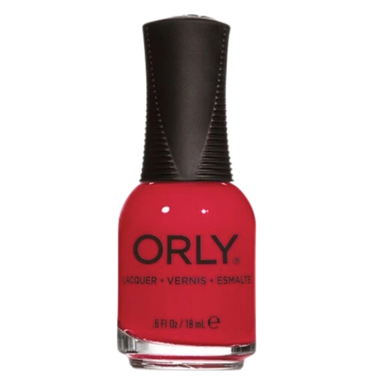 Orly nail polish bottle with red polish and black cap on a white background