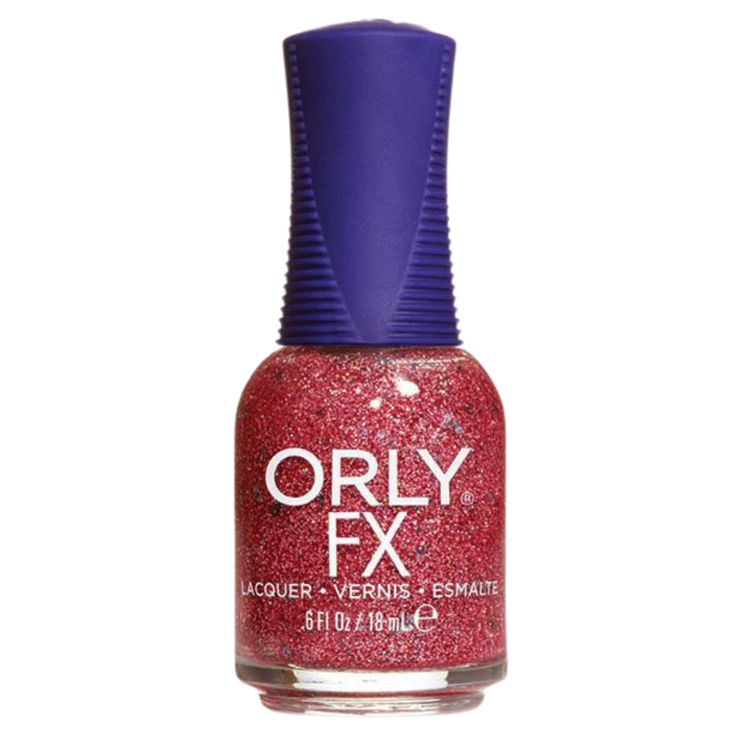 pink glitter nail polish with purple cap on a white background