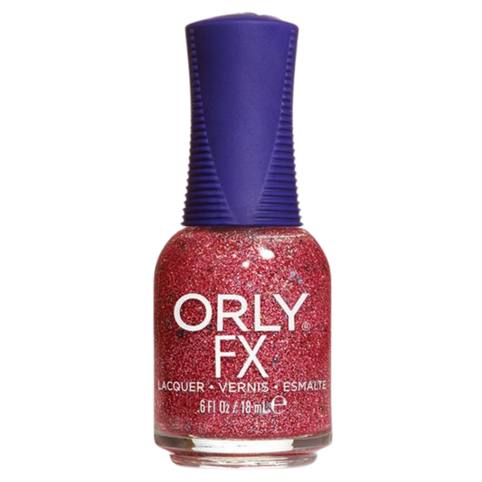 pink glitter nail polish with purple cap on a white background