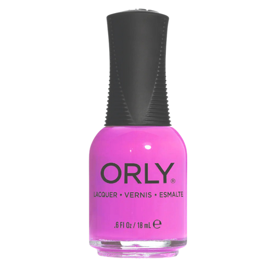 Orly nail polish bottle with pink polish and black cap on a white background
