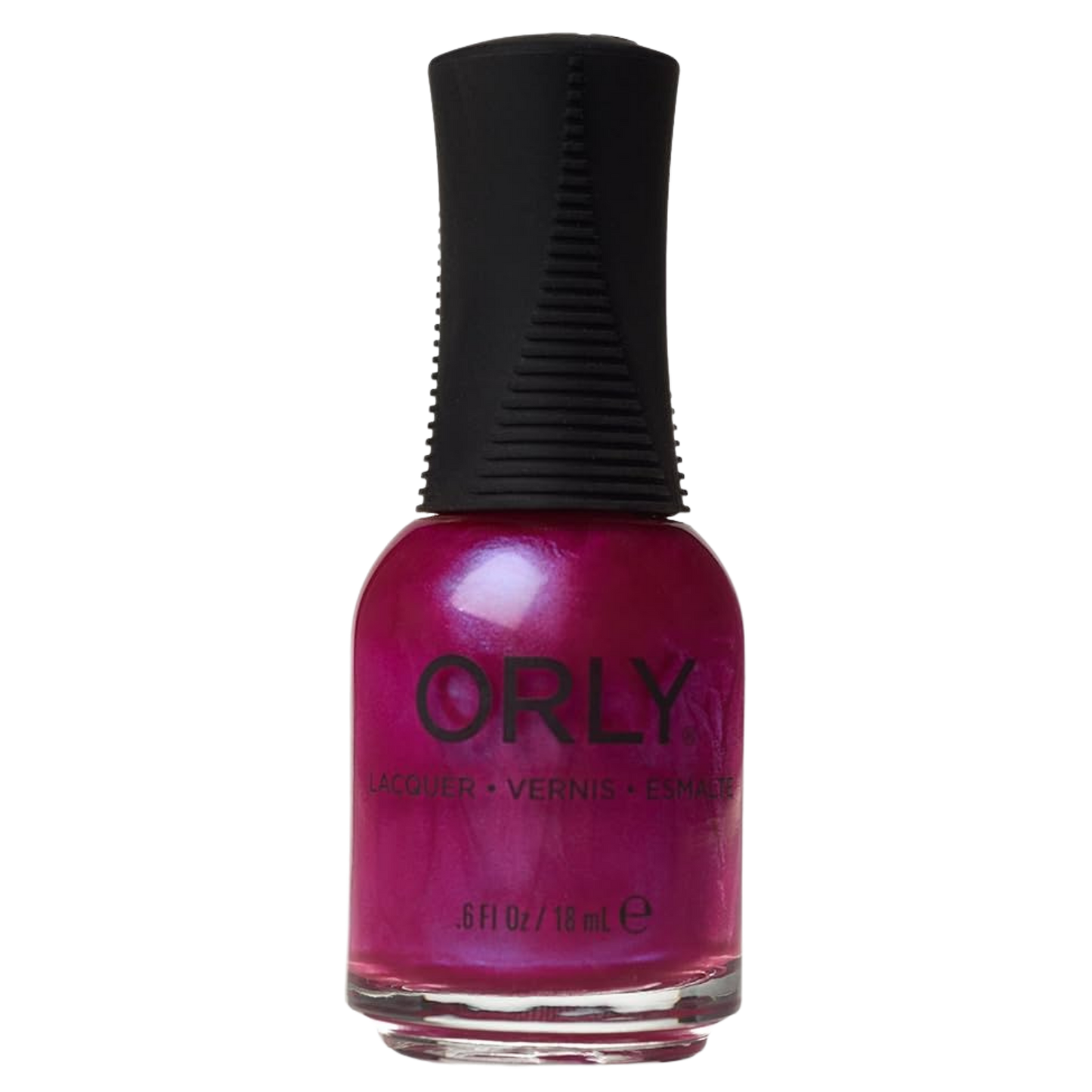 Orly nail polish bottle with pink polish and black cap on a white background