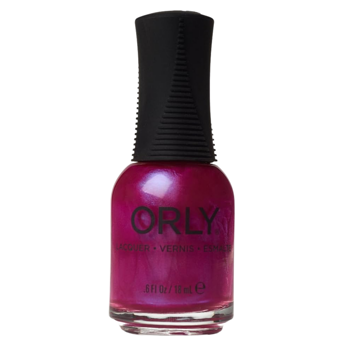 Orly nail polish bottle with pink polish and black cap on a white background