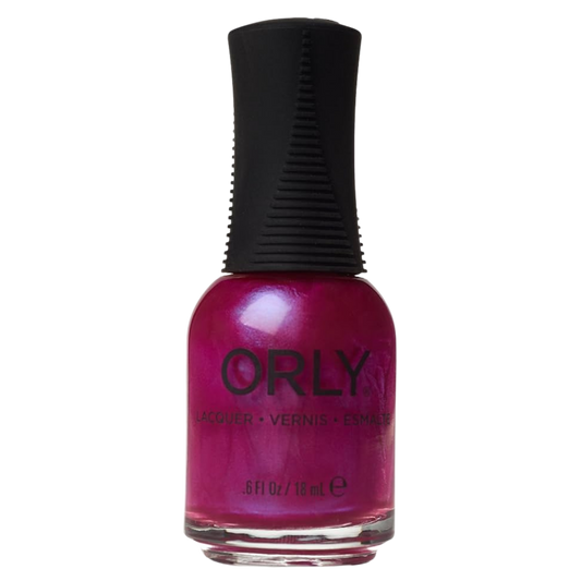 Orly nail polish bottle with pink polish and black cap on a white background