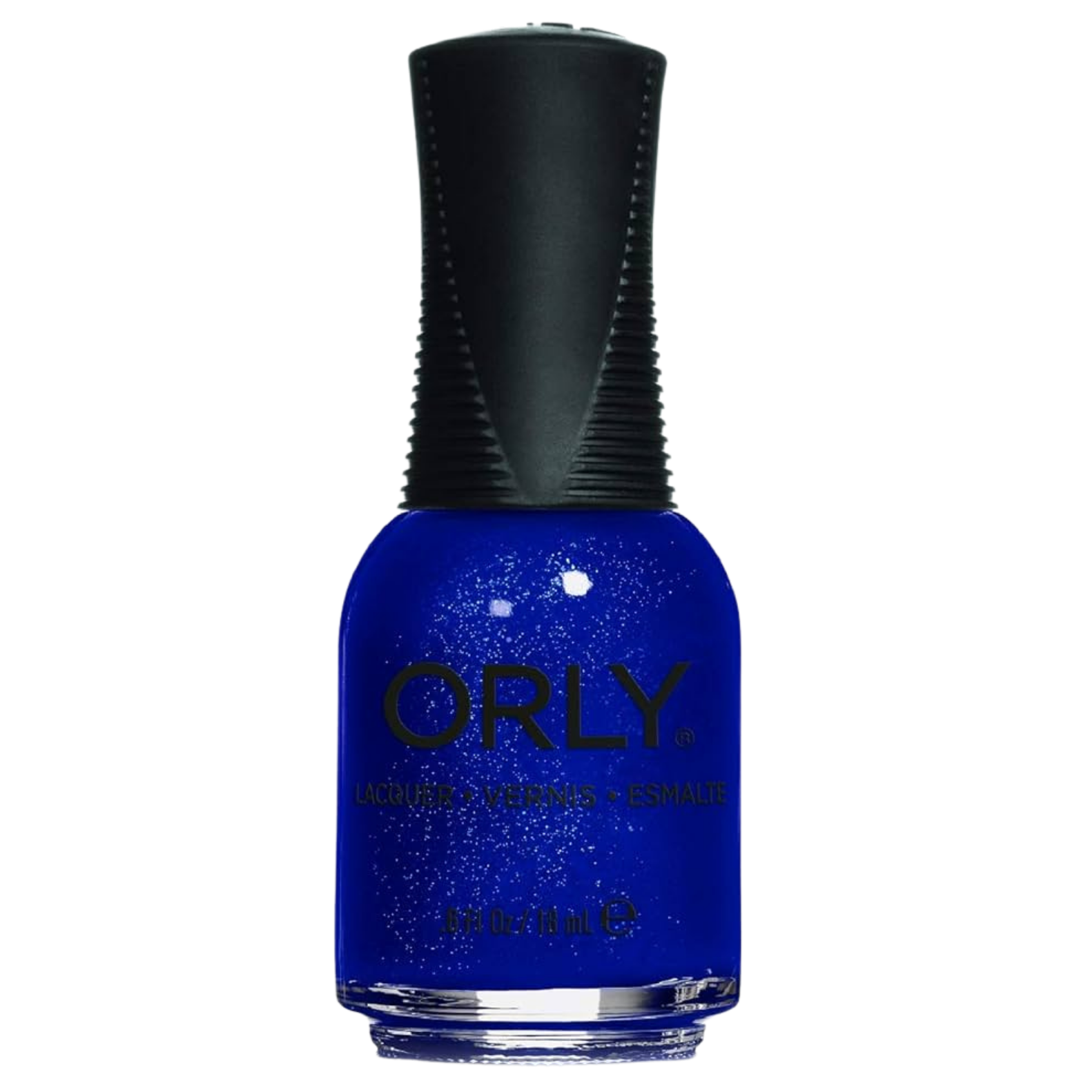Orly blue nail polish bottle with black cap on a white background