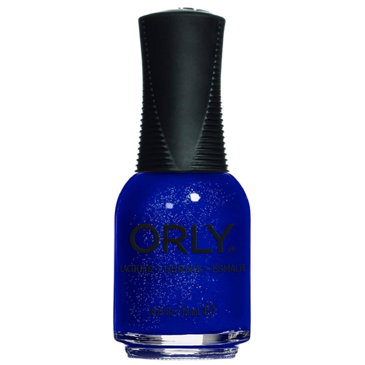 Orly blue nail polish bottle with black cap on a white background