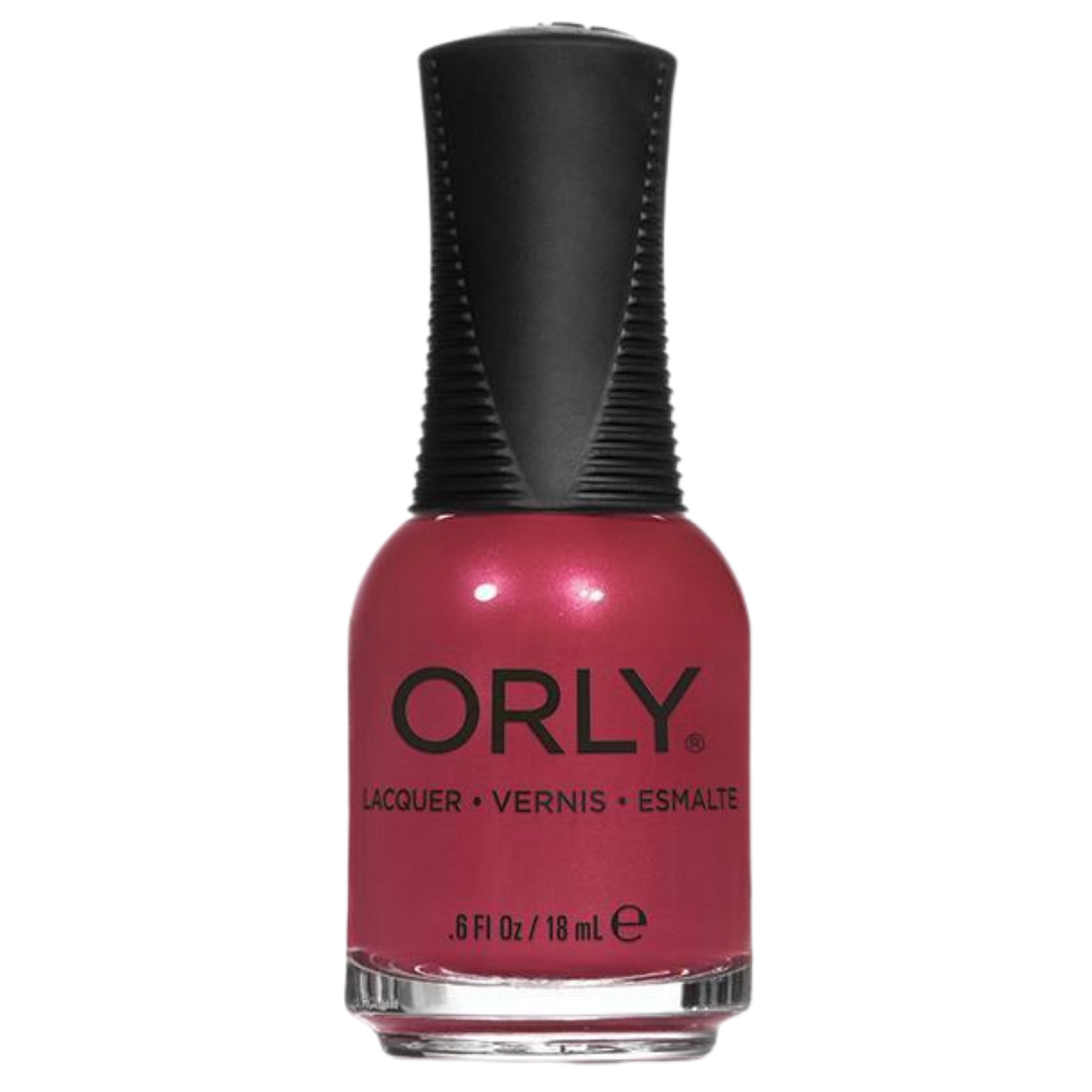 Orly nail polish bottle with pink polish and black cap on a white background