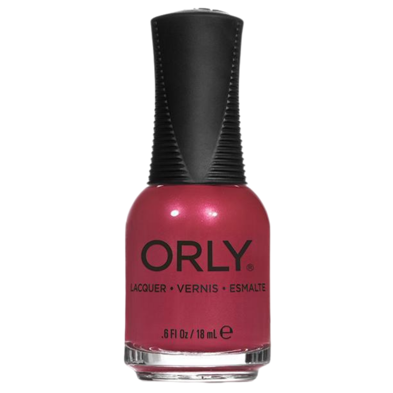 Orly nail polish bottle with pink polish and black cap on a white background