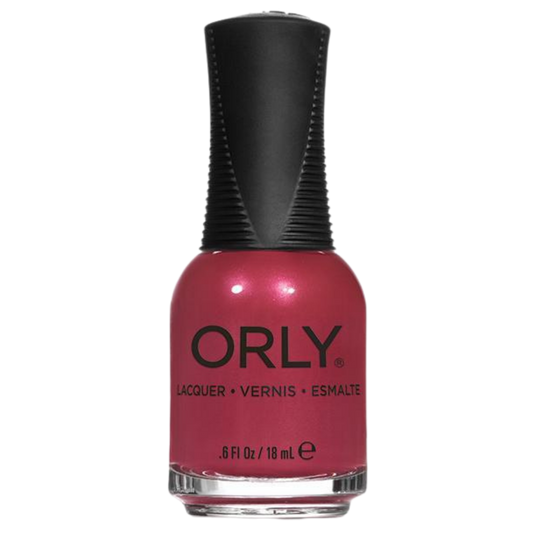 Orly nail polish bottle with pink polish and black cap on a white background