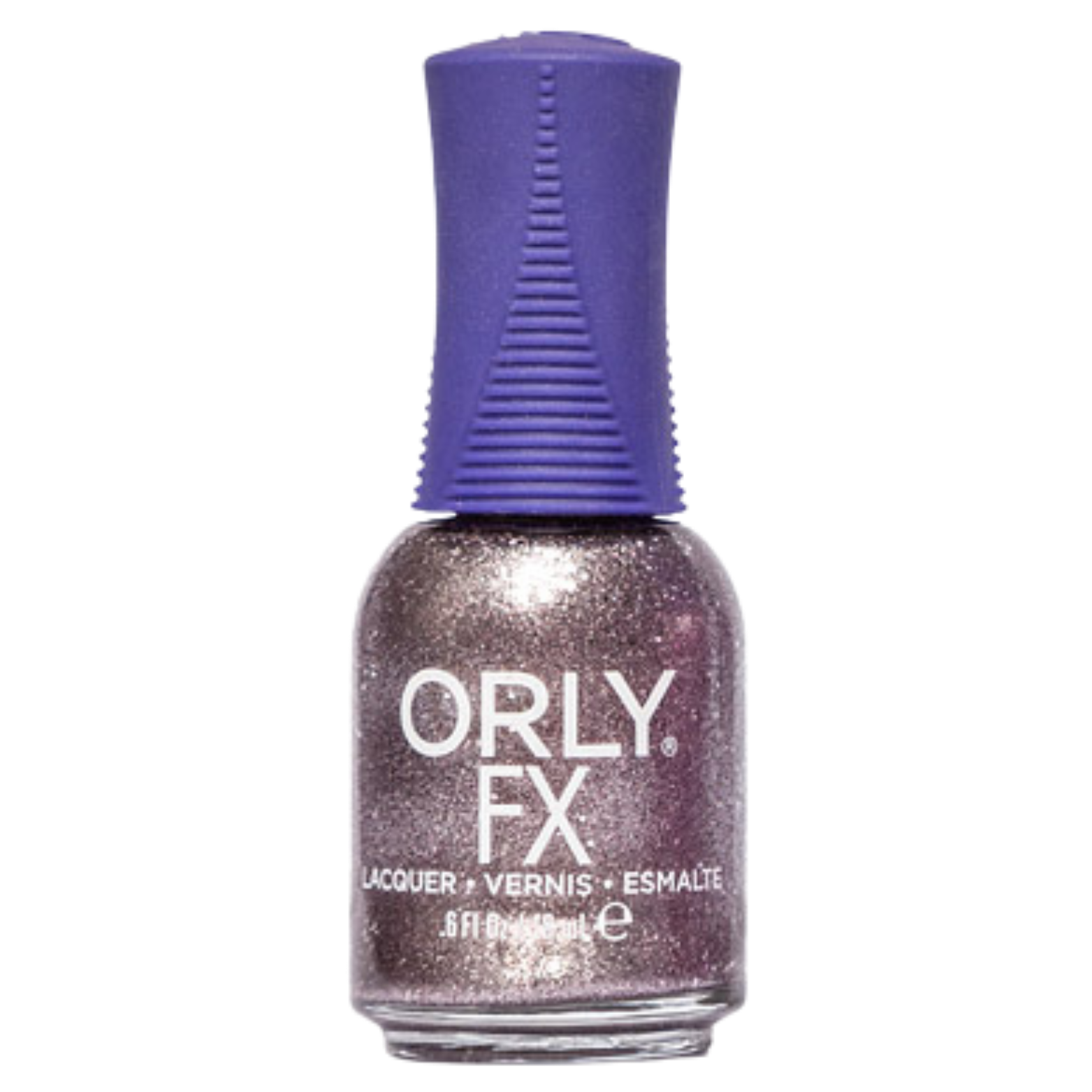 light purple glitter nail polish with purple cap on a white background