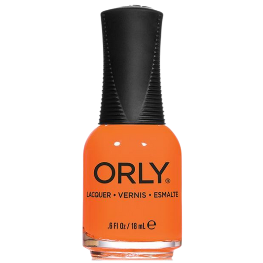 Orange nail polish bottle with black cap on a white background, featuring the Orly brand.