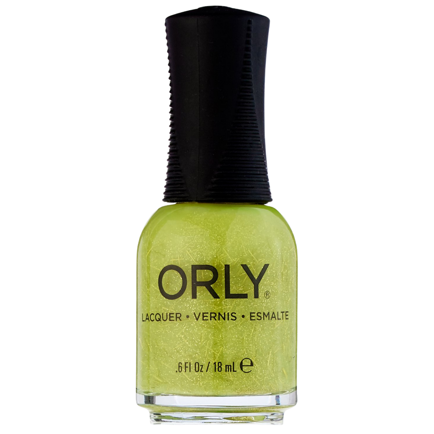Orly nail polish bottle with green polish and black cap on a white background