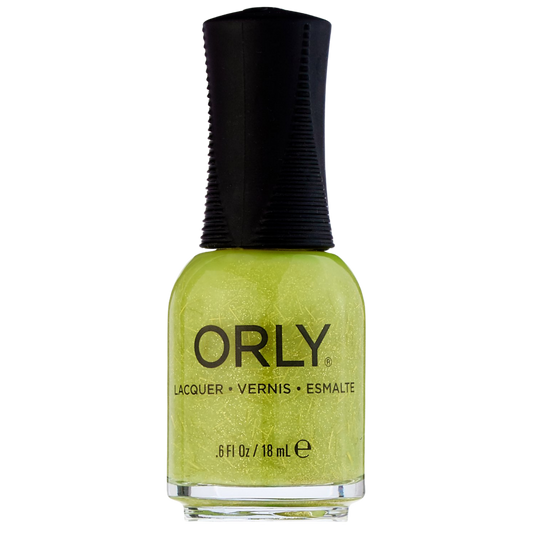 Orly nail polish bottle with green polish and black cap on a white background