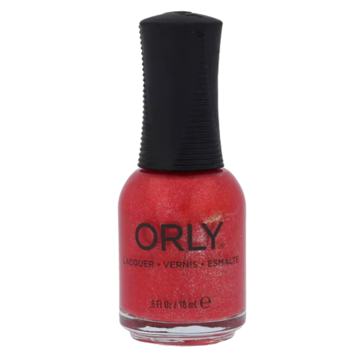 Orly nail polish bottle with red polish and black cap on a white background